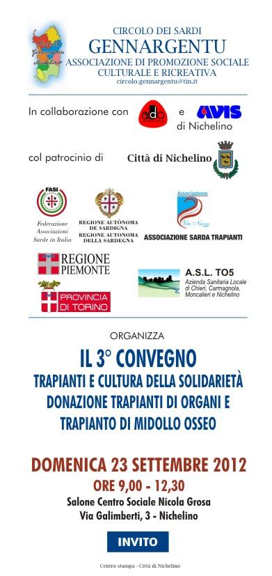 Domenica 23 Settembre Circolo dei Sardi “Gennargentu” di Nichelino (TO) CONVEGNO SULLA DONAZIONE E TRAPIANTI