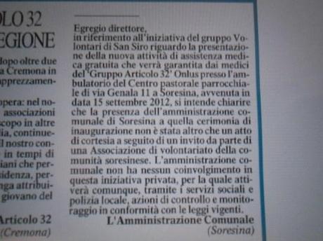 Incredibile a Soresina, il Comune vuole togliere il servizio sanitario ai clandestini, dopo che la parrocchia e Articolo 32 hanno inaugurato un ambulatorio. L’effetto sarà un danno d’immagine a Soresina e una spesa in più per lo Stato