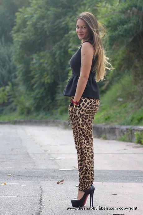 Peplum top, leopard pants and super high heels