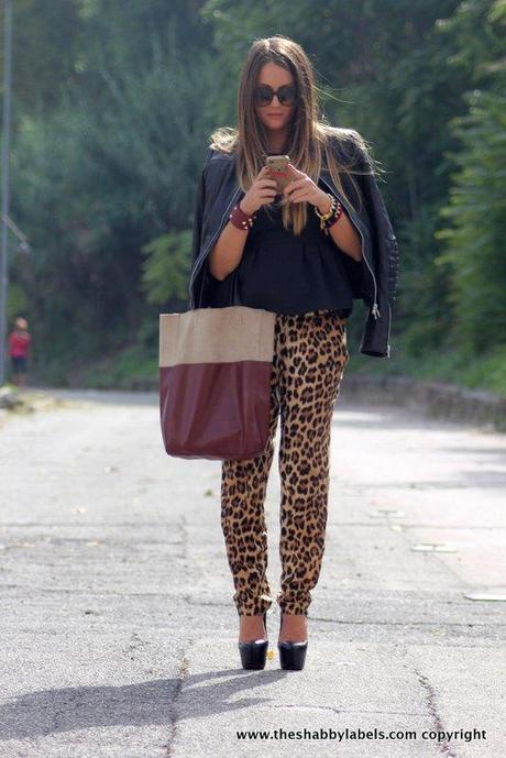 Peplum top, leopard pants and super high heels