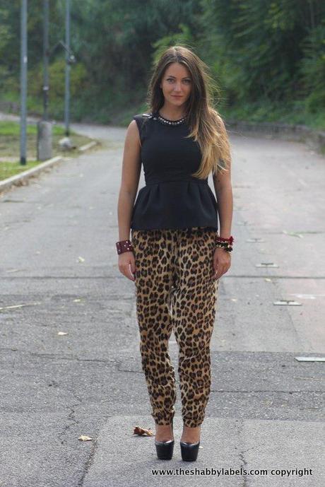 Peplum top, leopard pants and super high heels