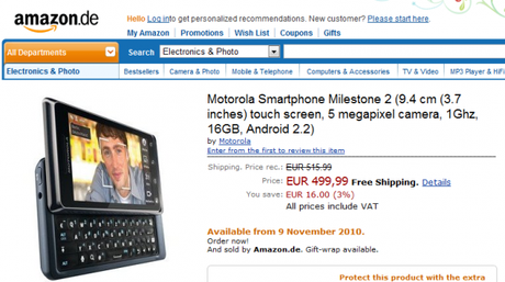 milestone 2 600x336 Motorola Milestone 2: in arrivo il 9 Novembre a 499€