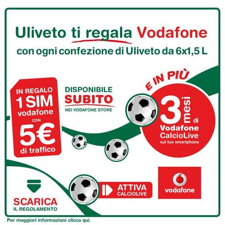 Gratisoquasi.com Acqua Uliveto regala Sim Vodafon con 5 € di traffico e 3 mesi Vodafone Calcio Live Gratis