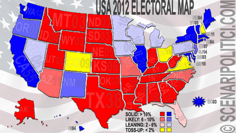 USA 2012: Obama 259, Romney 235, Toss-Up 44. Voto Popolare: Romney +1,3%