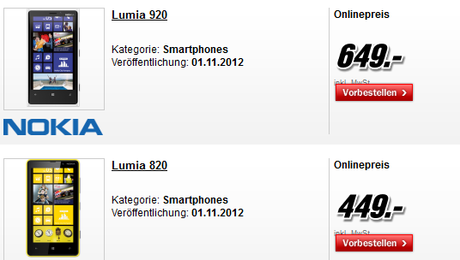 Nokia Lumia 920, Lumia 820 Disponibili dal 1° Novembre : Prezzi di vendita
