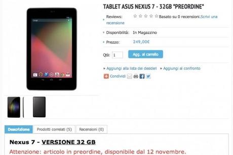 Nexus 7 disponibile in Italia dal 12 novembre a 249€ !