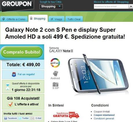 OFFERTA Samsung Galaxy NOTE II N7100 a 499€ da Groupon