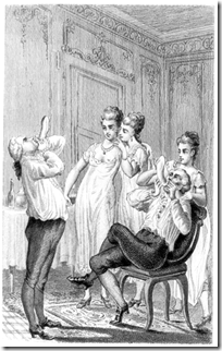 Casanova (a destra) mentre gonfia un condom tra le risate e l'approvazione di tre damigelle