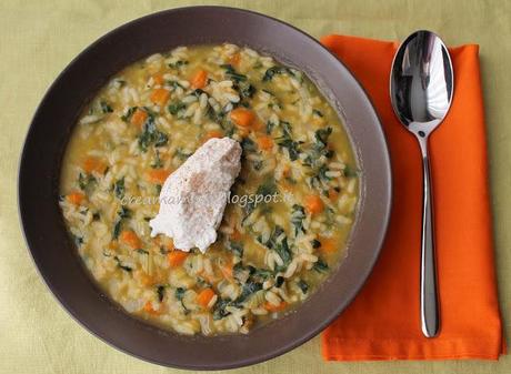 Minestra di riso con zucca, bietole e quenelle di ricotta