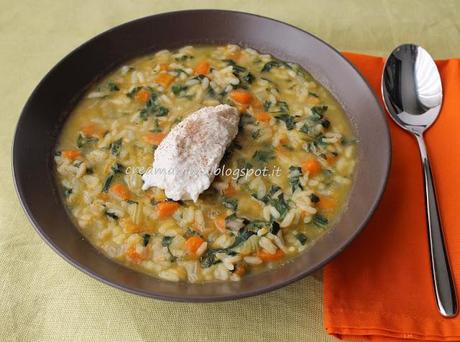 Minestra di riso con zucca, bietole e quenelle di ricotta