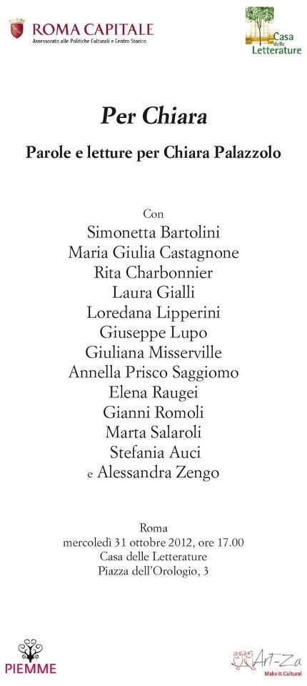 Parole e letture per Chiara Palazzolo. Il 31 ottobre a Roma