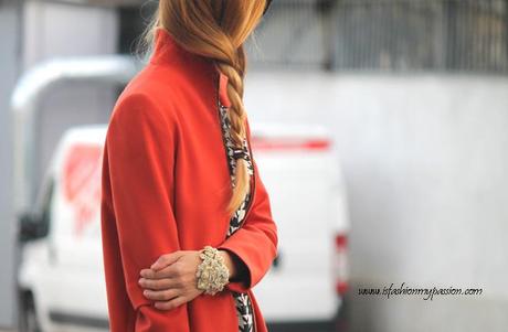 Pied de poule dress, and red coat