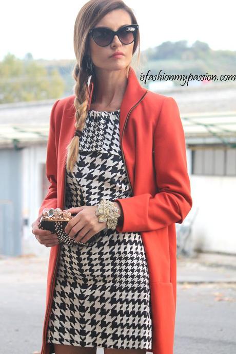 Pied de poule dress, and red coat