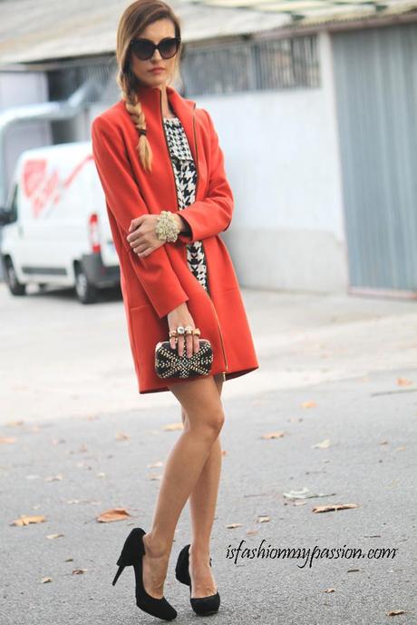 Pied de poule dress, and red coat
