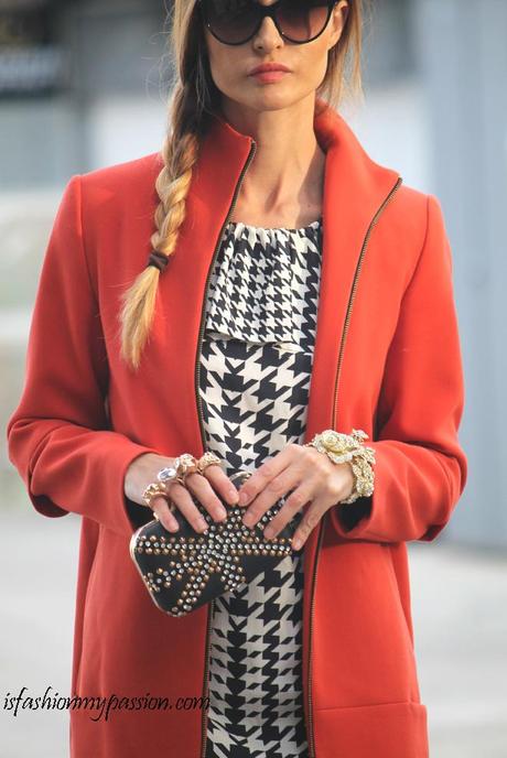 Pied de poule dress, and red coat