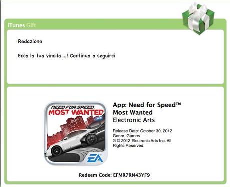 DAILY REDEEM CONTEST : All’interno troverete 3 CODICI REDEEM di NEED FOR SPEED MOST WANTED per iPhone e iPad