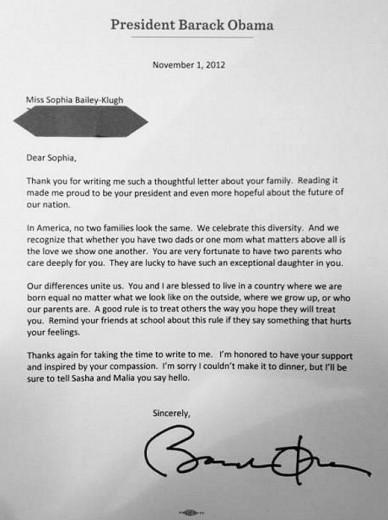 Obama risponde alla lettera di una bambina cresciuta con due papà