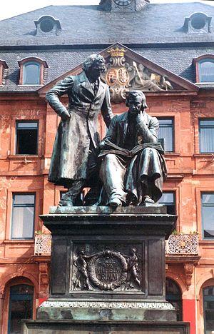 Monument to brothers Grimm on the market place...