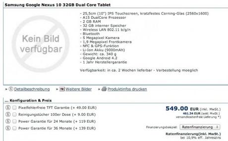 Nexus 10 : 549€ in versione da 32GB