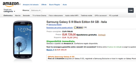 Samsung Galaxy S3 da 64 GB disponibile su Amazon Italia a 729 euro