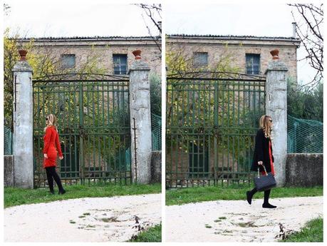 Red dress in a grey day