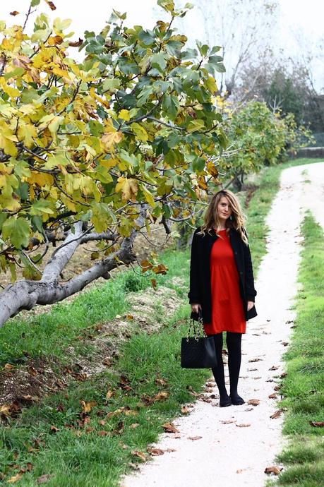 Red dress in a grey day