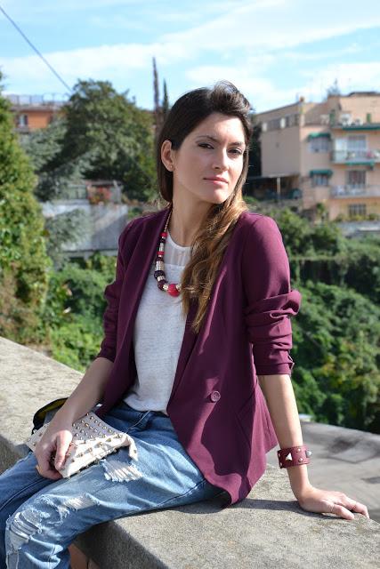 Burgundy blazer and green heels