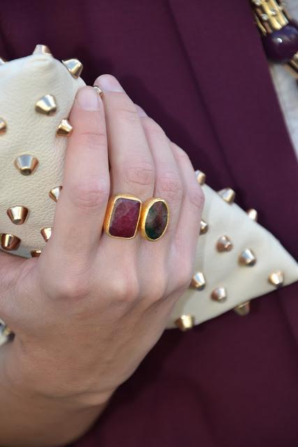 Burgundy blazer and green heels