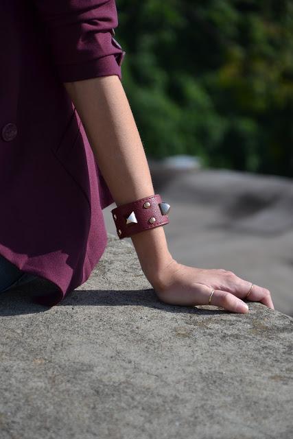 Burgundy blazer and green heels