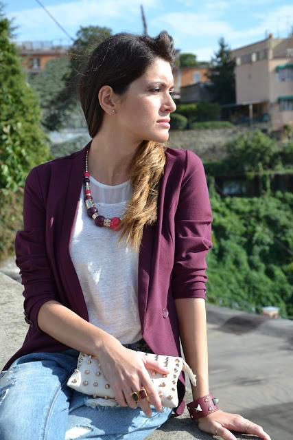 Burgundy blazer and green heels