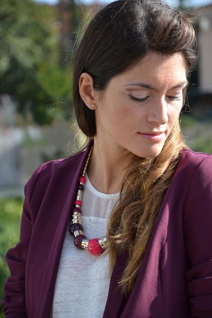 Burgundy blazer and green heels