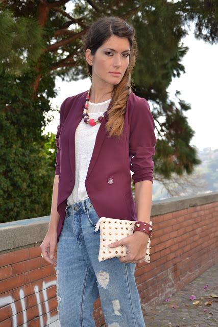 Burgundy blazer and green heels