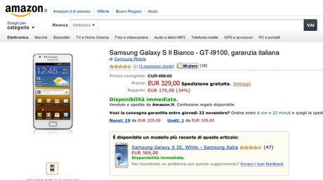 Samsung Galaxy S2 disponibile a soli 329 euro su Amazon Italia