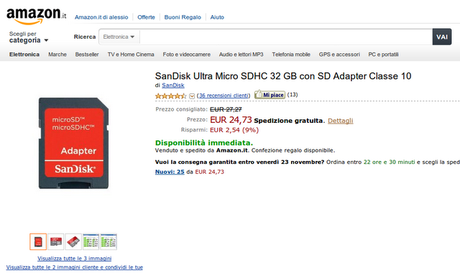 SanDisk Ultra Micro SDHC 32 GB Classe 10 disponibile su Amazon Italia a 24,73 euro