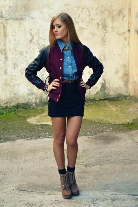 Varsity jacket, Denim shirt and Vintage Backpack