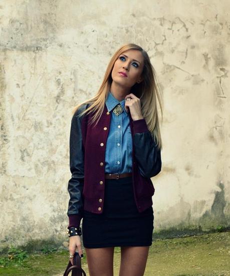 Varsity jacket, Denim shirt and Vintage Backpack