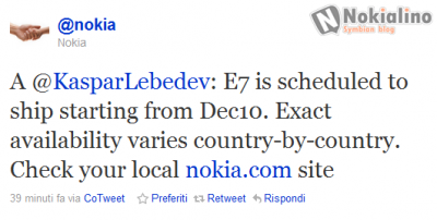 Il Nokia E7 arriva a Dicembre