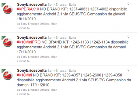 Sony Ericsson Xperia: X10, X10 Mini ed X10 PRO domani e dopodomani gli aggiornamenti italiani, questi i numeri dei kit