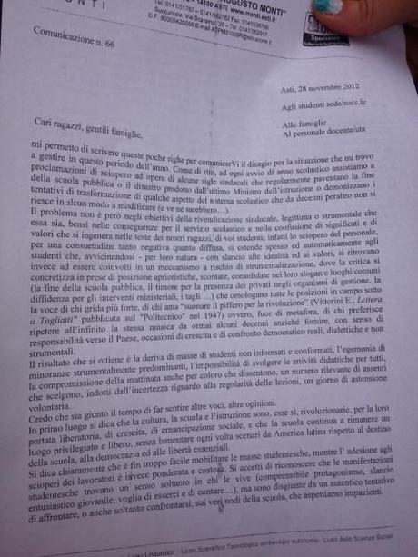 Lettera di Marino (Dir. Scolastico Monti Asti) agli studenti e dura replica dei Giovani Comunisti