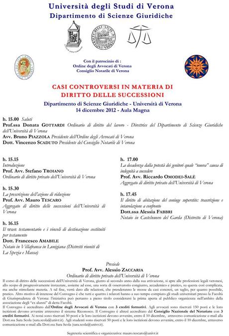 14 Dicembre Convegno “Casi controversi in materia di Diritto delle Successioni” presso la Facoltà di Giurisprudenza di Verona