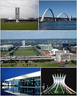 Ecco qualche scorcio della capitale del Brasile, Brasilia, e le principali opere di Niemeyer.Dall'alto a sinistra: il congresso nazionale brasiliano, il ponte Jucelino Kubitschek, l'Asse Monumentale, il Palazzo dell'Alvorada, la Cattedrale di Brasilia.