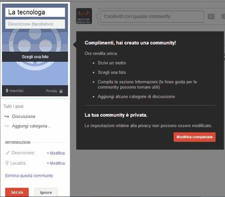 Profilo della comuità di google plus comunità