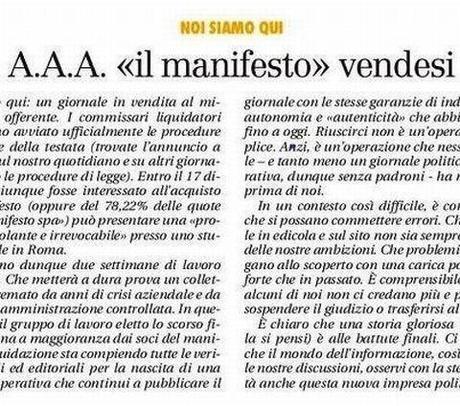 A.A.A. «Il Manifesto» Vendesi. Ma chi Vuole Comprarlo? AAA Il Manifesto Vendesi