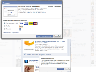Nuovo servizio di facebook post in rilievo a pagamento