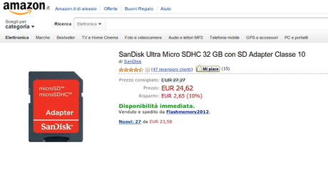 SanDisk Ultra Micro SDHC 32 GB con SD Adapter Classe 10 a 24 euro