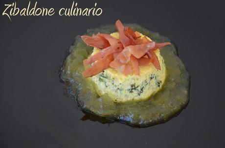 Budino salato di Trentigrana e spinaci con speck croccante e  mostarda di mele della Val di Non