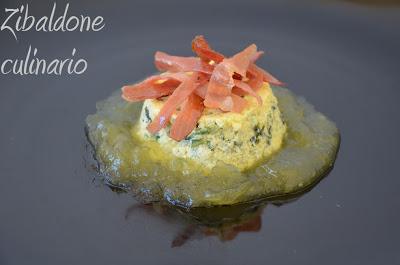 Budino salato di Trentigrana e spinaci con speck croccante e  mostarda di mele della Val di Non