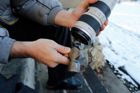 Salmon Arm, BC - Steps to remove a stuck lens filter: #2. Use Ballpein hammer to strike filter glass in progressively hard taps until filter glass breaks.  Hint: hold lens final element toward ground to prevent broken shards from striking actual lens glass.