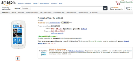 Nokia Lumia 710 White in offerta su Amazon a 187 euro