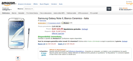 Samsung Galaxy Note 2 disponibile a 525 euro su Amazon Italia